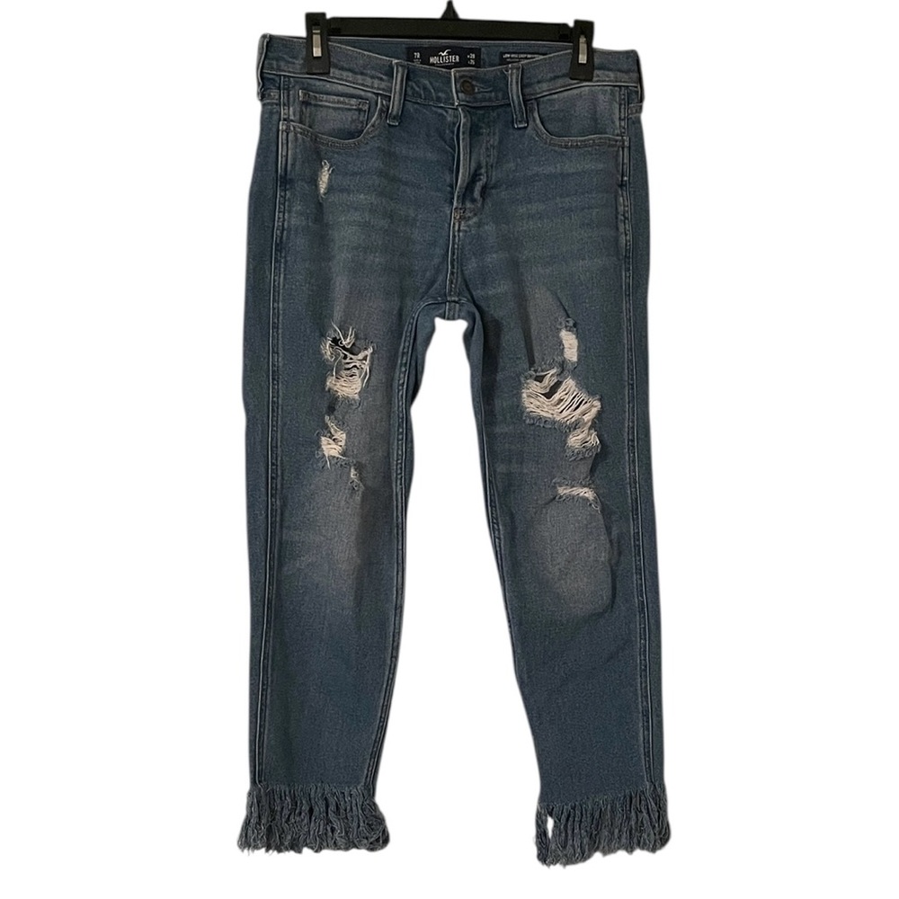 Hollister‎ Women's Blue Denim Low Rise Crop Boyfriend Stretch Fray Jeans Size 28